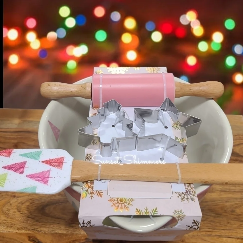 5pc Pastel Christmas Tree Handle Mixing Bowl Spatula Cookie cutters Rolling Pin